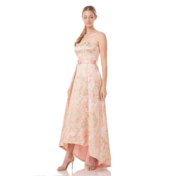 Kay Unger Blush Pink Gold Bella Floral Jacquard High-Low Gown 6 $398 No Belt - Picture 3 of 8